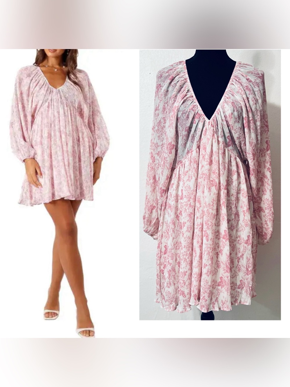 Mable Pink voluminous long sleeves elastic cuffs V-neck romantic Silhouette Boho